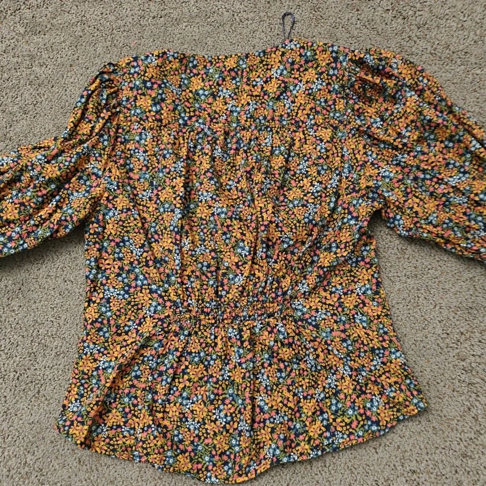 Free People Picnic Party Top Floral Button Front Puff Sleeve V-Neck Large L